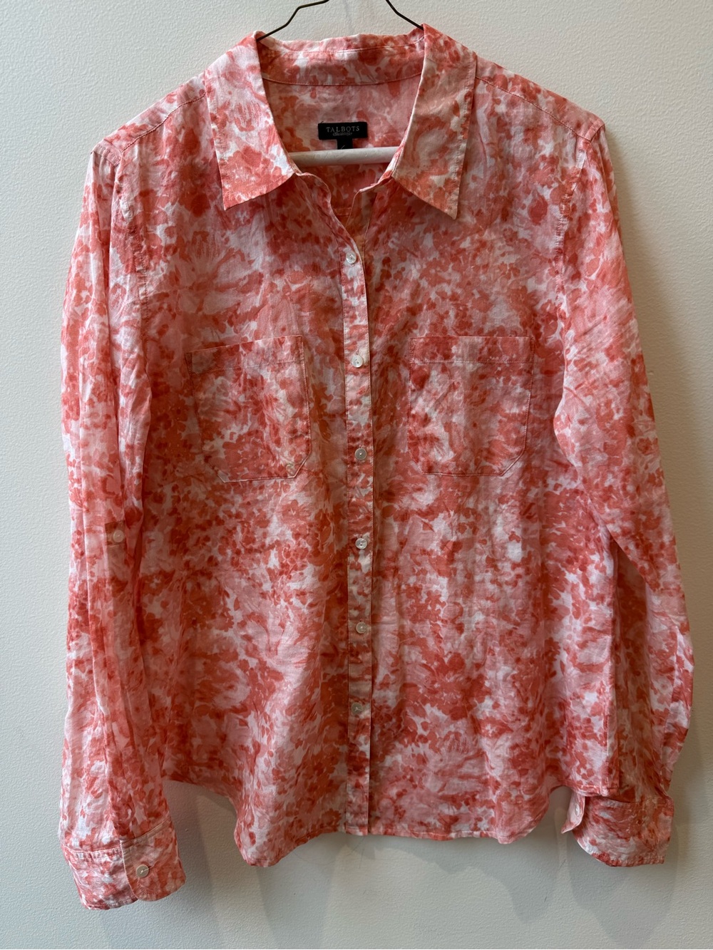 Talbots Floral Button Up Blouse Size 12 Top Pockets Peach Coral Office